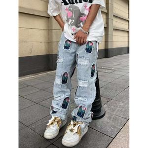 American China-chic gepersonaliseerde geperforeerde patch jeans heren los rechte veelzijdige lange broek M516 68