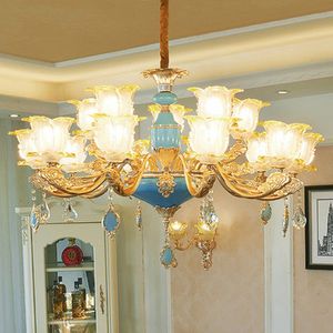 Lustres classiques américains Lustre en cristal élégant bleu européen luminaires LED grande Villa Hall maison éclairage intérieur lampes suspendues de luxe Dia97cm H63cm