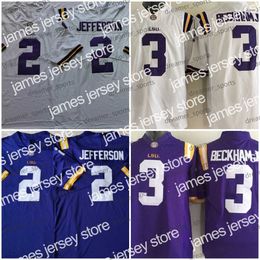 American College Football Wear LSU Tigers 2 Maillot de football Justin Jefferson Blanc Violet 3 Odell Beckham Jr. College Maillots cousus pour hommes 150e patch