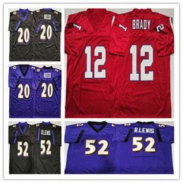American College Football Wear Hommes 24 ans NCAA Football 12 Tom Brady 20 Ed Reed 52 Ray Lewis Cousu Noir Violet Rouge Jersey Pas Cher En Gros