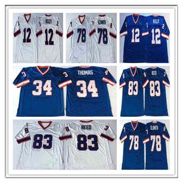American College Football Wear Hommes 24s Football Thurman 34 Thomas Jim 12 Kelly 78 Bruce Smith 83 Andre Reed Sticthed Retro Jerseys pas cher
