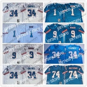 American College Football Wear Men's NCAA Oilers #9 Steve McNair Light Blue Vintage Jersey #34 Earl Campbell #74 Bruce Matthews #1 Warren Moon White Stitched Retro Ad