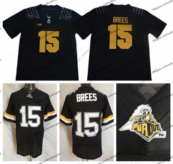 American College Football Wear Mens Vintage Purdue Boilermakers # 15 Drew Brees College Football Jerseys Retro Home BLack University Football Shirts S-XXXL