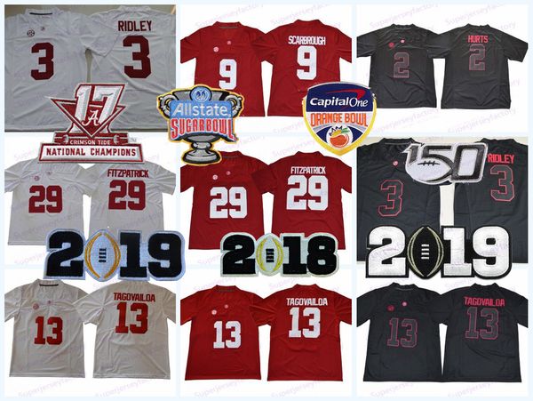 American College Football Wear NCAA Alabama 13 Tua Tagovailoa Crimson Tide 2 Hurts 3 Ridley 9 Scarbrou McCarron College Football Jerseys Top Quality Livraison gratuite