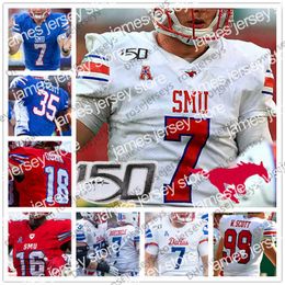 American College Football Wear NCAA SMU Mustangs # 2 Ke'Mon Freeman 25 TJ McDaniel 30 Tyler Lavine 31 Merek Pierce 83 Kylen Granson White Blue CFB 150TH Jersey