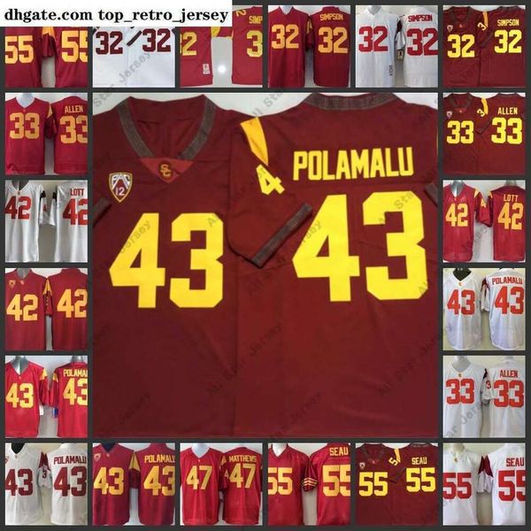 Ropa de fútbol americano universitario Troy Polamalu Jersey 47 Clay Matthews 55 Junior Seau 6 Mark Sanchez Jerseys Su'a Cravens O.J Simpson Marcus Allen Michael Bowman Sam Da