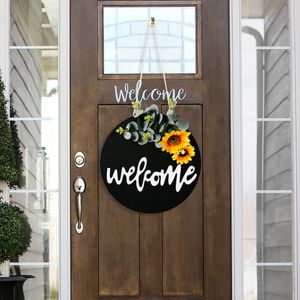 Plaque de porte de bienvenue en bois avec fleurs décoratives de pays américain, décoration avec nœud de tournesol, couronne de porte