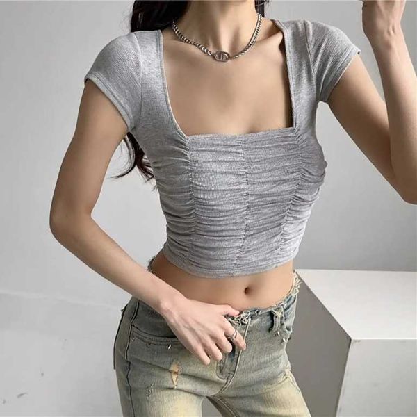 Style de design américain décolleté carré plissé T-shirt à manches courtes été nouveau coupe ajustée style court nombril exposé haut de fille épicé pour les femmes