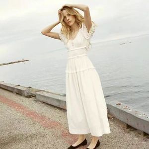 Amerikaanse ontwerper Do 2024 Zomermode retro elastische taille jurk dames witte zoete ronde ronde ronde bubbelmouwen lange jurk