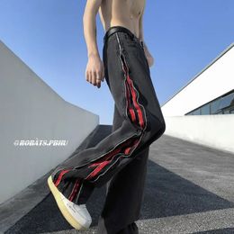 Marque de mode américaine noir et rouge Double fermeture éclair conception lavage vieux jeans vadrouille pantalon Y2K rue Hip Hop salopette pantalon 240131