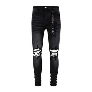 Marque de mode américaine Pur nouveaux hommes noir genou déchiré jean lavé et sol blanc élastique coupe ajustée Leggings