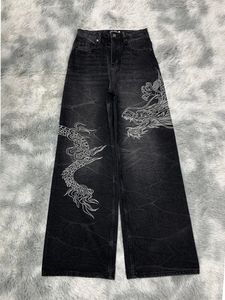 Amerikaanse mode hoog getailleerde jeans voor dames drakenborduurwerk losse gedrapeerde rechte broek straat retro 240116