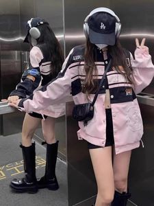 American Fashion Label Veste de moto détachable Vêtements pour femmes Rétro Hiphop Loose Couple Tenue de baseball Rose Manteau décontracté 240110