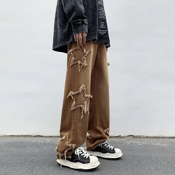 American Fashion Star Patch Work Broidered Jeans avec des poches surdimensionnées pour le pantalon pour hommes Y2K Vêtements Hip-Hop Street Clothing 231222