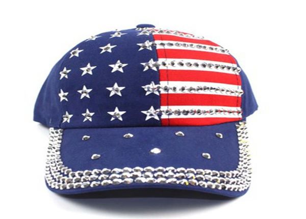 Casquette de baseball en cristal drapeau américain Casquette de baseball Femmes Hommes Été Snapback Hip Hop Chapeau Bling Strass Stripe Stars Cap LJJJ912289603