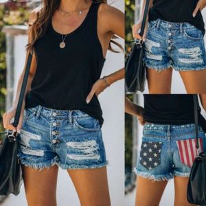 Amerikaanse vlag bedrukte Burr Edge Distressed Tassel Denim Shorts voor dameshotpants