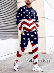 Amerikaanse vlag trainingspak heren VS broek 2-delige outfit T-shirt met lange mouwen Set broek joggingbroek joggingpakken oversized kleding 240108