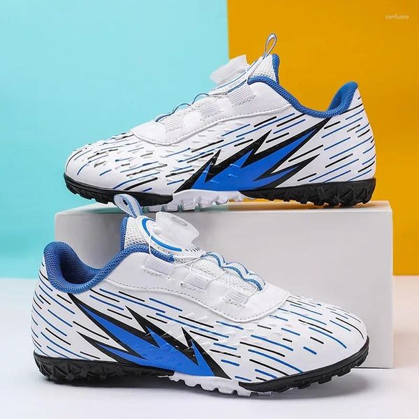 Zapatos de fútbol americano para interiores para niños, zapatillas de deporte antideslizantes de cuero PU Gamon con clavos triturados, color azul