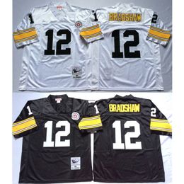 Ropa de fútbol americano Terry Bradshaw 12 jerseys retroceso hombres blanco negro camisa mitchell ness adulto tamaño cosido jersey orden de mezcla