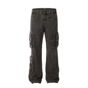 Pantalon de travail américain fonctionnel multi-poches pour hommes, tendance de la rue, pantalon en Denim à jambe ample délavé et usé, à jambe droite