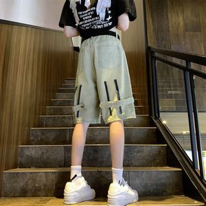 American Functional Style Denim Workwear Shorts pour hommes Summer Mlim Slim Brand à la mode lavé et en détresse Pantalon recadré du genou