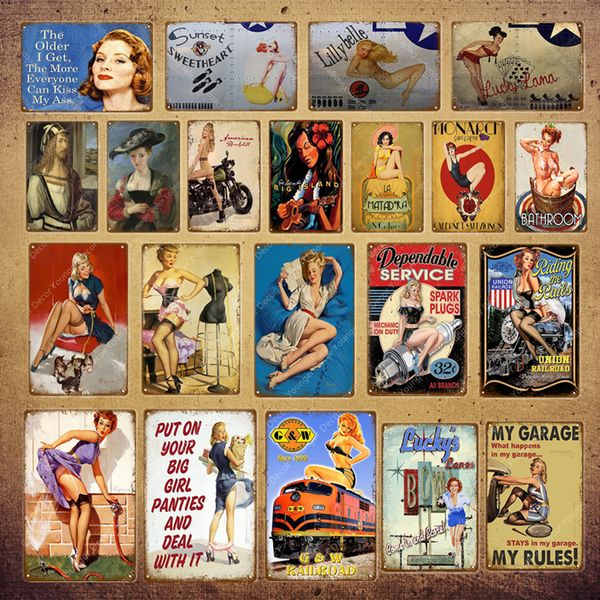 Américain drôle affiche sexy pin up girl moteur dame si signes de garage décoration de mur plaque de pub de pub bar bar club club vintage metal peinture 30x20cm