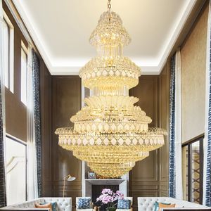 American Golden Crystal Chandeliers Lights Farmture leidde moderne grote lange kroonluchter Europeaan luxe glanzende thuisvilla woonkamer droplight home decoratie