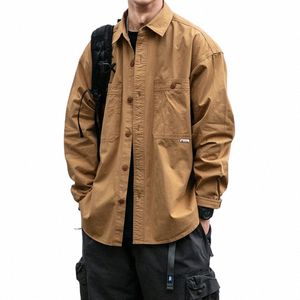 Americano de alta calidad camisa de carga japonesa vintage color sólido manga lg hombres ropa primavera harajuku casual negro capa delgada z3sz #