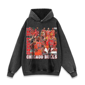 Sweat à capuche délavé imprimé de basket-ball américain High Street pour hommes et femmes, veste de star de Football de marque Hip-hop