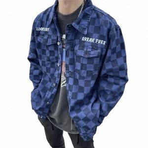 American High Street Damier Denim Manteau Hommes Femmes Printemps Automne Hip Hop Veste Haute Qualité Sentiment Beau Baseball Uniforme o4VA #