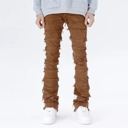 Amerikaanse high street erosie beschadigde bont vintage jeans heren jeugd trendy rechte slanke slanke micro broek streetwear 240328
