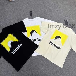 Camiseta de manga corta holgada informal con estampado de letras, gráfico de atardecer amarillo Rhude, moda de venta al por menor americana, Unisex, KRC9