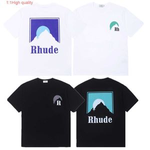 American high street rhude lettre à manches courtes hommes ins mode T-shirt lâche tendance classique coucher de soleil chemise à fond pur coton