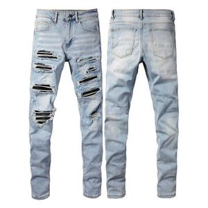 American High Street Slim Fit Elastic polyvalent en direct Influenceur de streaming en direct Jeans Blue Patchwork