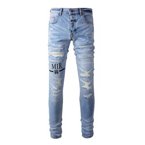 American Hip Hop Cotton Straignt Denim Jeans pour hommes Blue Slim Fit Hole imprimé Bouton Fly Amiryes Plus taille