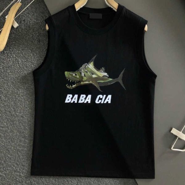 Hip hop américain sans manches t-shirt designer marque hommes femmes requin imprimé tee haut tendance respirant lâche basket-ball gilet