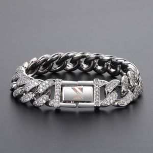 Acier inoxydable de style hip-hop américain avec bracelet à double rangée de diamants, bracelet cubain en acier titane