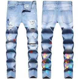Amerikaanse hiphopstijl westkust hipster heren vier gescheurde sterren digitale print kleine rechte poot jeans mannen ontwerper jeans heren denim broek mode broek top top sell