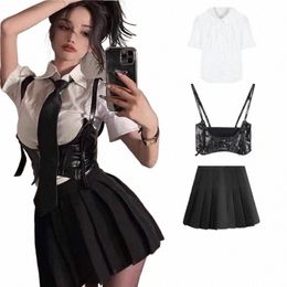 American Hot Girl Uniform Set Three-Pieces Hotweet Slim Corset Shirt White Blanc à manches courtes Mini jupe plissée Black Summer L4SR #