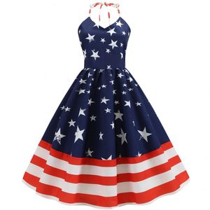 Amerikaanse onafhankelijkheidsdag retro dames halter gewikkeld borstster gestreepte bedrukte grote swing jurk