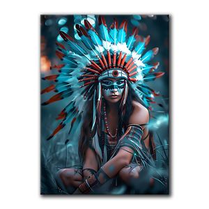 Peinture de guerrier indien américain, imprimés natifs indiens de toile murale, imprimés, affiche en chef de la coiffure de plumes vintage, tribu traditionnel indien Picture pour la pièce