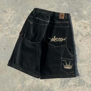 Amerikaanse JNCO Zwarte Heren Vijf Broek Geborduurd Gouden Kroon Patroon Mode Straat Trend Jeans Wijde Pijpen Y2K Shorts 240226