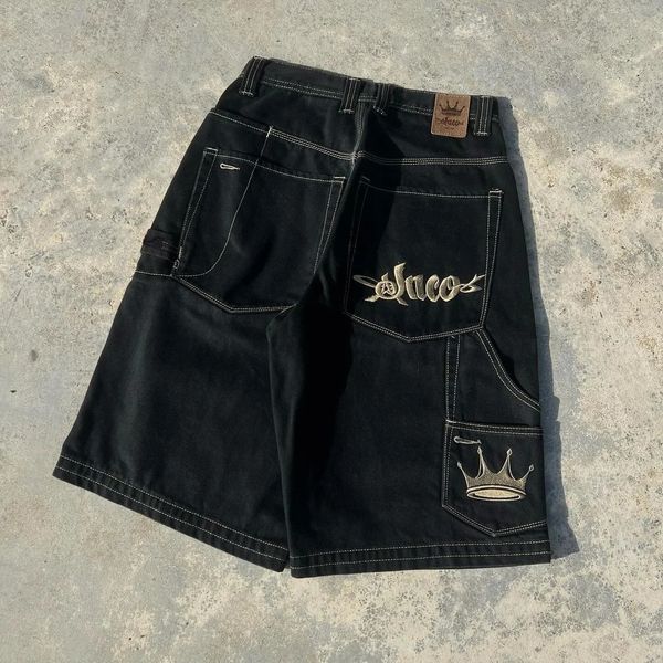 Américain JNCO noir hommes cinq pantalons brodé motif de couronne d'or mode rue tendance jean jambe large Y2K Shorts 240226
