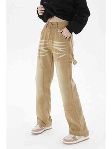 Amerikaanse kaki vintage baggy jeans dames 90s streetwear tassen brede pijpen laadbroek hoge taille rechte denim broek 2022 nieuwe l220726