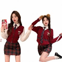 American Korean Academy JK Conjunto de uniforme Hot Girl LG con mangas de punto rojo Cardigan / chaleco Camisa Falda de cadera Navidad Traje rojo de tres piezas x9Zr #