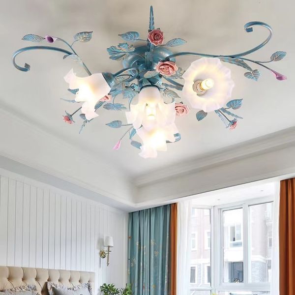 Plafonnier LED américain en fer fait à la main avec fleur de Rose, luminaire décoratif de plafond, idéal pour un salon, une chambre à coucher ou une cuisine, luminaire coréen