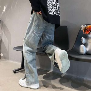 Jeans brodés de lettres américaines, pantalons droits hip-hop tendance printemps-été pour hommes, version coréenne de pantalons longs à volants et à jambes larges