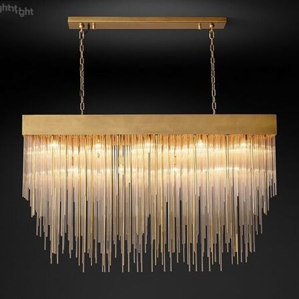 Américain De Luxe Cuivre Matériel Led E14 Pendentif Lumières Tubes En Verre Suspension Rectangle Salle À Manger Lustre Luminarias Éclairage MYY