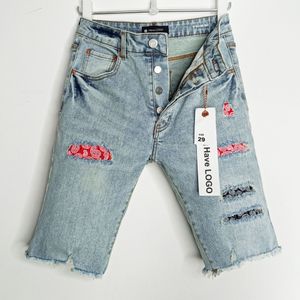 American Men Jeans Designer Korte Jean Pocket Button Fly rechte gaten strakke bramen gescheurd doek denim shorts blauw paars