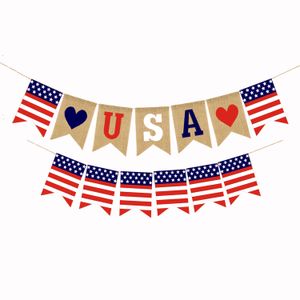 Fête nationale américaine tirer des fleurs et des drapeaux décoration suspendue du jour de l'indépendance des états-unis bannières de drapeau en lin